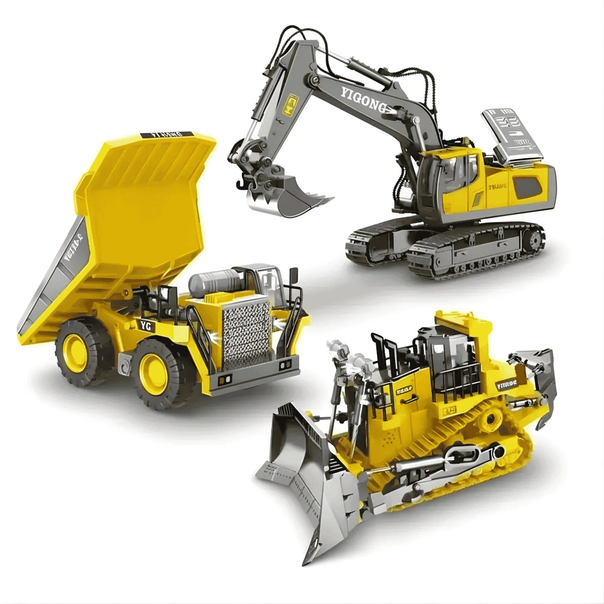 Bulldozer teledirigido RC, vista de estudio sobre fondo blanco