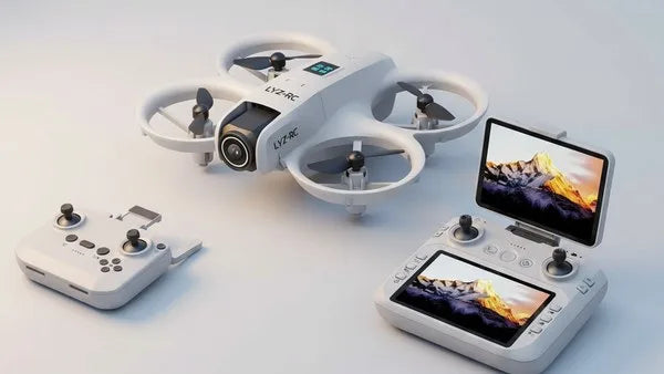 Dron LYZ-RC con los dos mandos: KIT PRO de pantalla integrada y mando con soporte smartphone