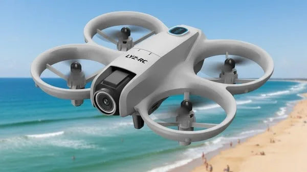Dron teledirigido LYZ-RC volando sobre la playa, vista lateral