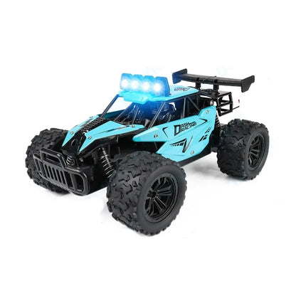 Buggy RC ZWN 8 todoterreno escala 1:16 color cian, vista frontal con luces LED