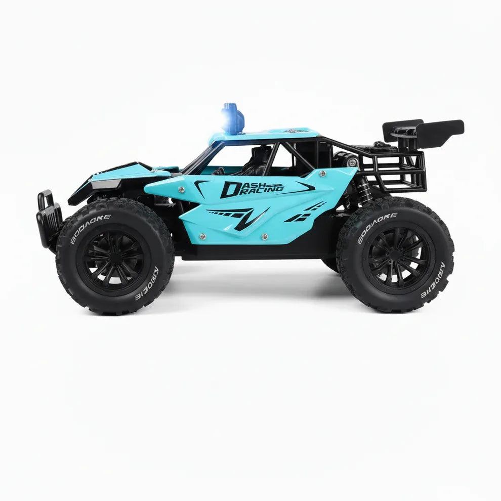 Buggy RC ZWN 8 todoterreno escala 1:16 color cian, vista lateral con neumáticos todoterreno y alerón trasero