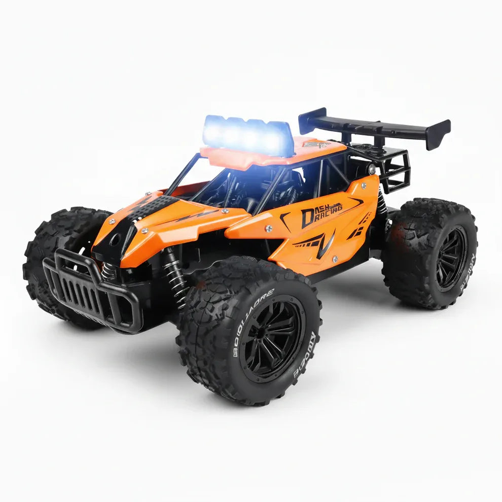 Buggy RC ZWN 8 todoterreno escala 1:16 color naranja, vista frontal con luces LED