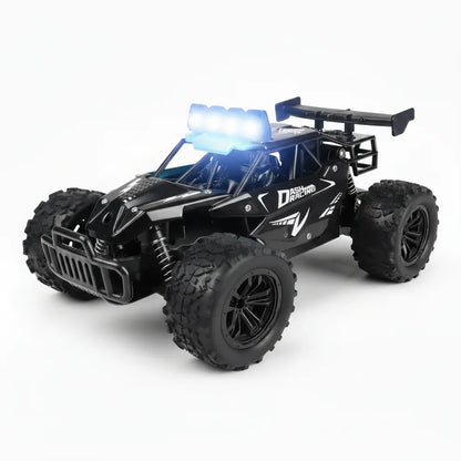 Buggy RC ZWN 8 todoterreno escala 1:16 color negro, vista frontal con luces LED