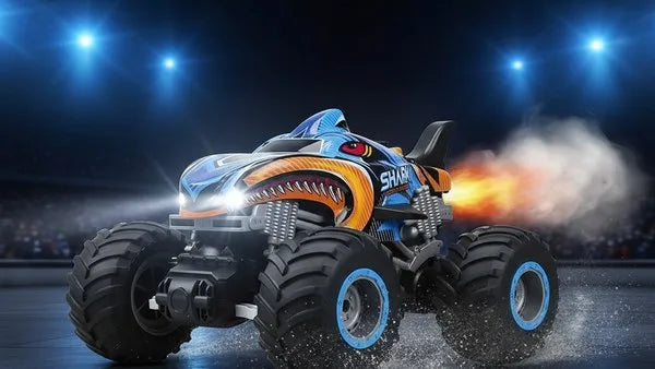 Monster truck shark llamas estadio noche